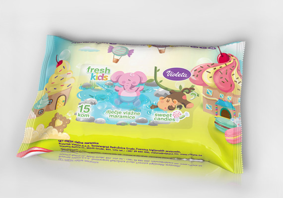 Violeta Fresh Kids wet wipes packaging design.