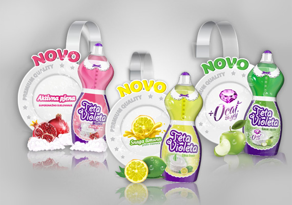Wobbler design for Teta Violeta dishwashing detergent.